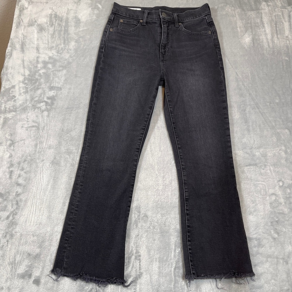 Gap Kick Fit High Rise Jeans 27 4R Washed Black Raw Hem Cropped Flare Denim